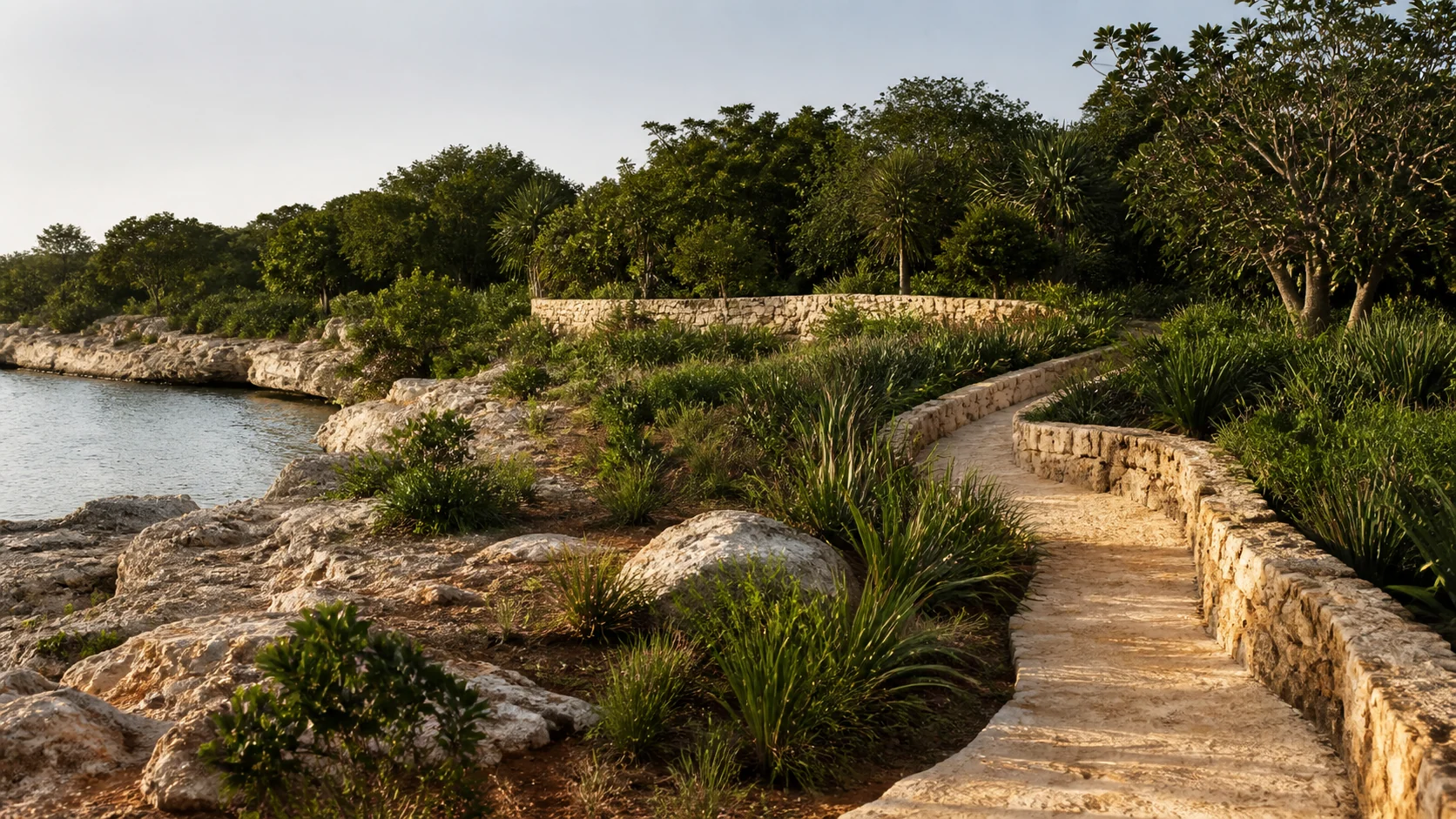 Temporary conceptual development imagery — not documentary project photography. Caribbean limestone, vegetation, water, soil, and pathway concept for the hero.
