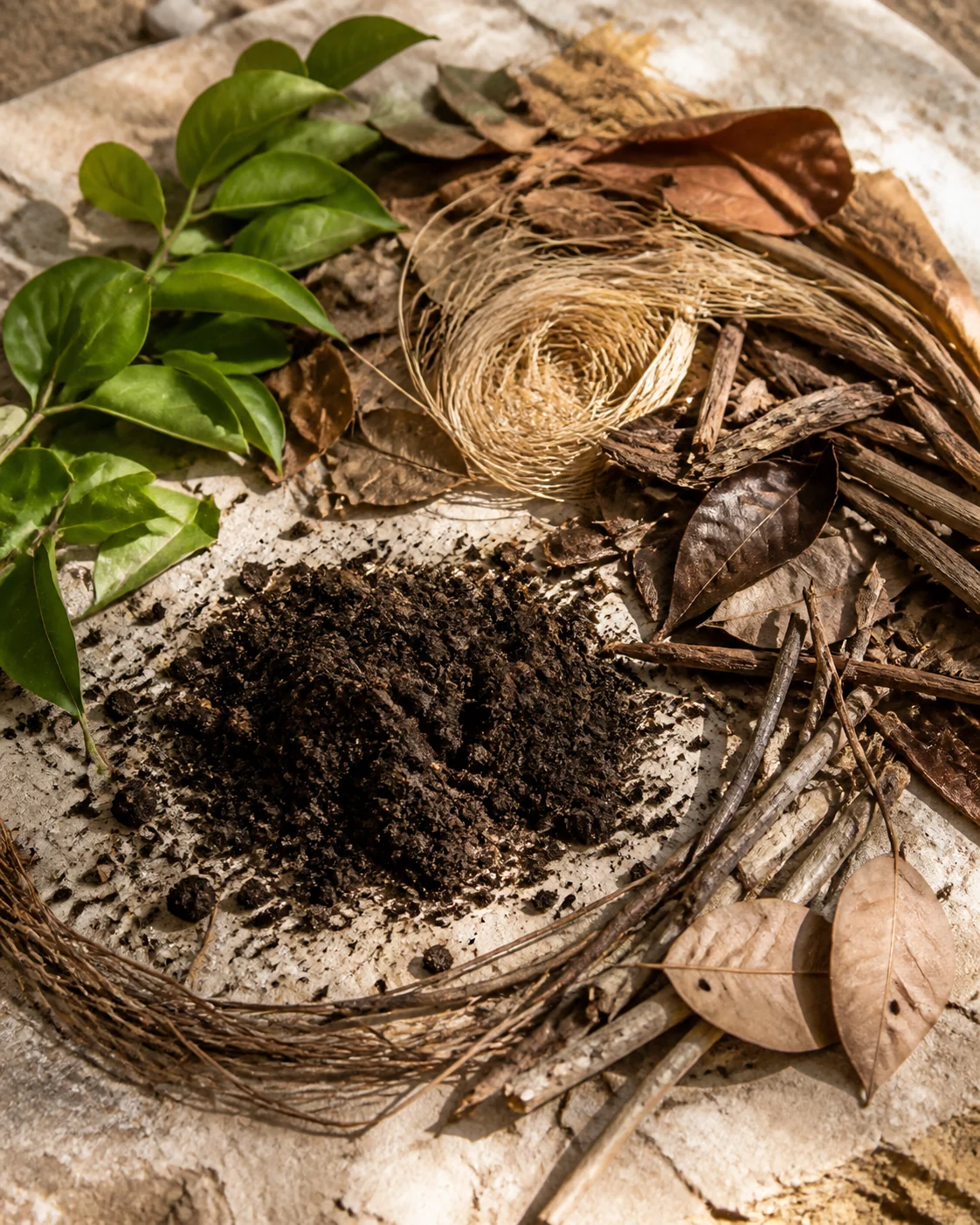 Temporary conceptual development imagery — not documentary project photography. Organic material, soil, leaves, branches, and limestone texture concept.