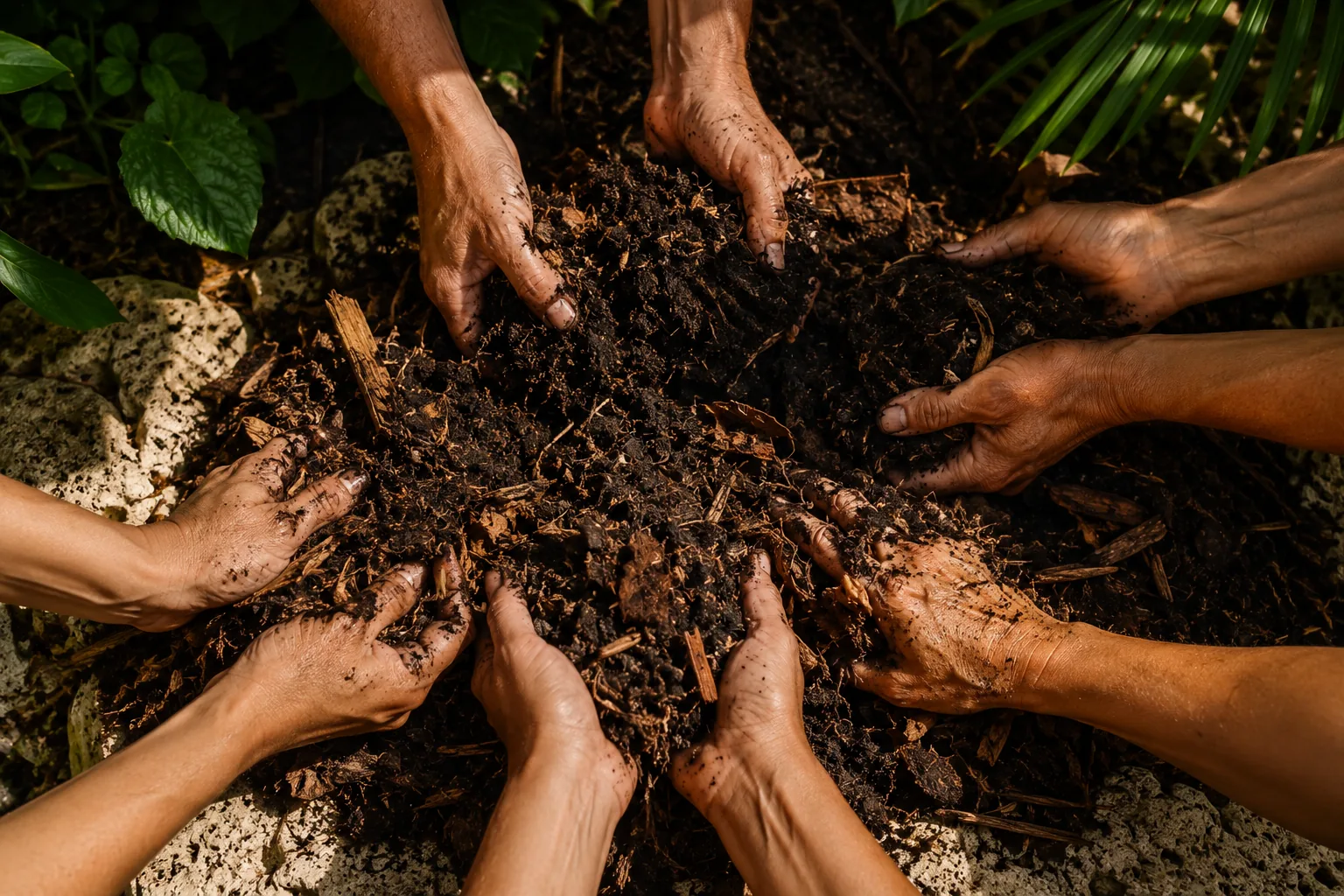 Temporary conceptual development imagery - not documentary project photography. Participation metaphor with hands and soil; not real RegenSuelo participants or project activity.
