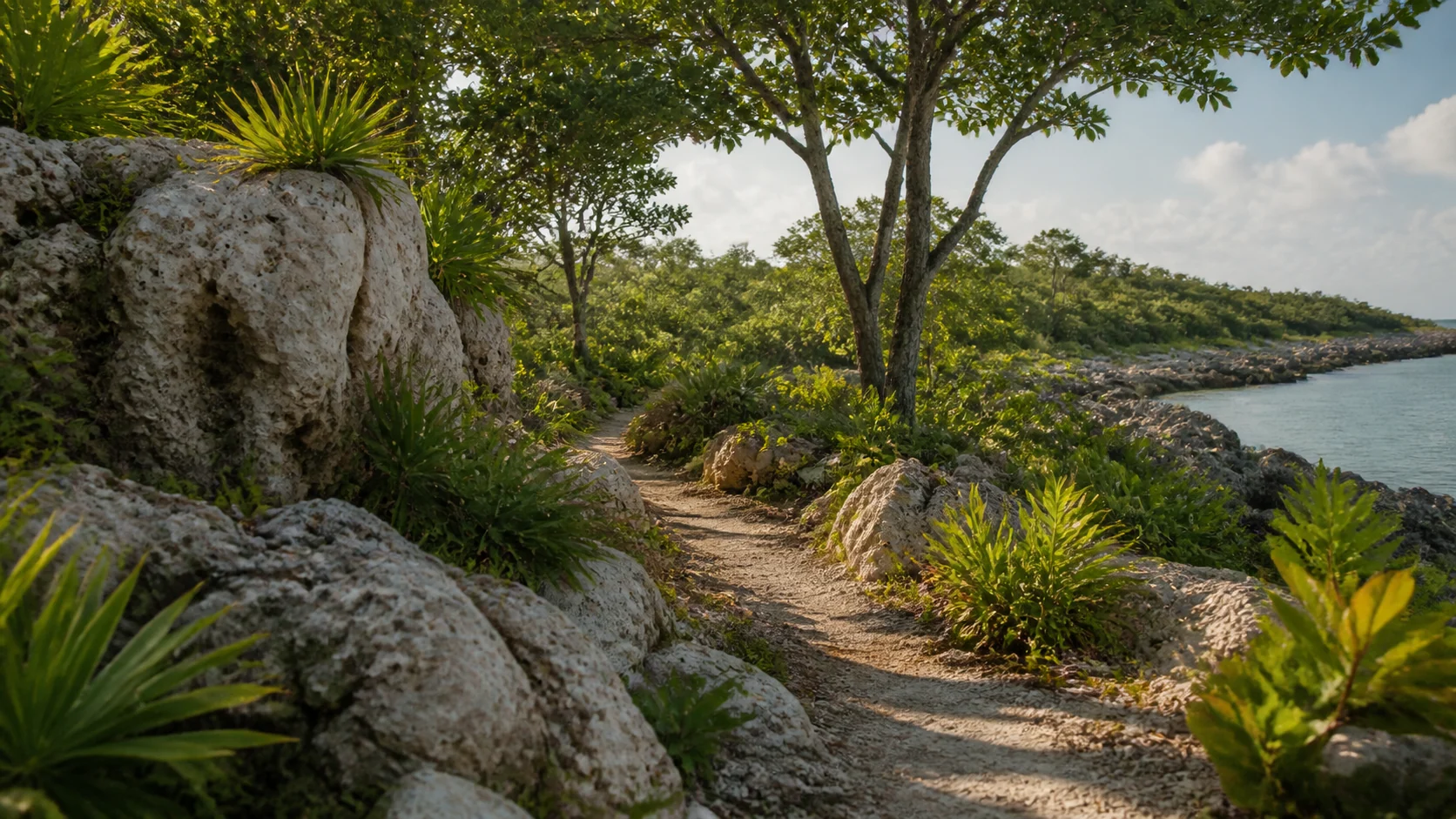 Temporary conceptual development imagery — not documentary project photography. Puerto Aventuras context concept with Caribbean light, limestone, vegetation, water, and pathway.
