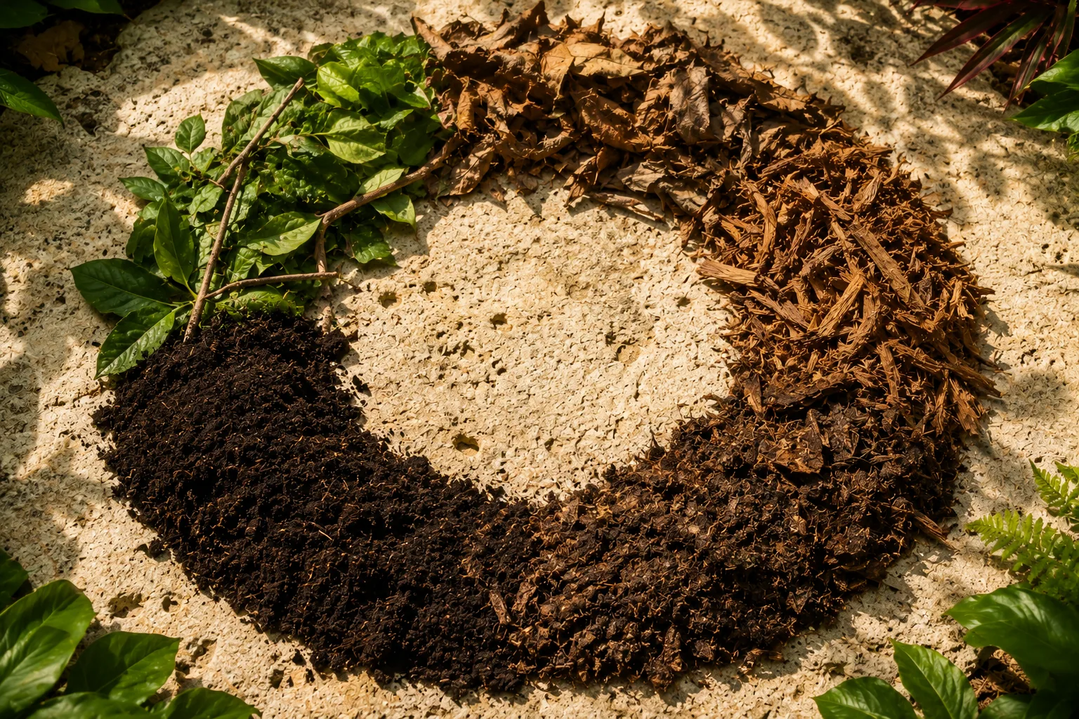 Temporary conceptual development imagery - not documentary project photography. Regenerative material cycle concept with soil, mulch, leaves, and plant material.